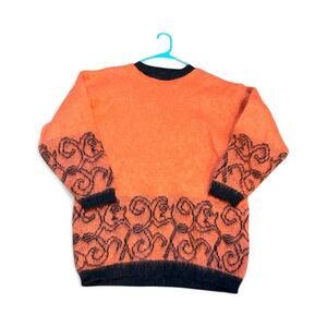 VTG Alafoss Icewool Sweater Iceland Large Orange Black Knit Long Mohair Pullover